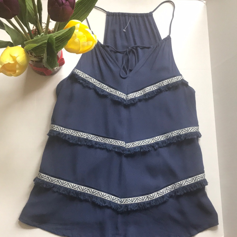 Blue Boho sleeveless top with fringe M/L